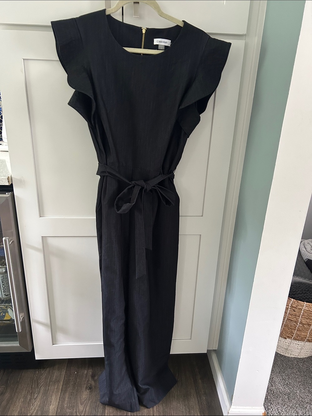 Calvin Klein Black Ruffle-Sleeve Jumpsuit with Waist Tie